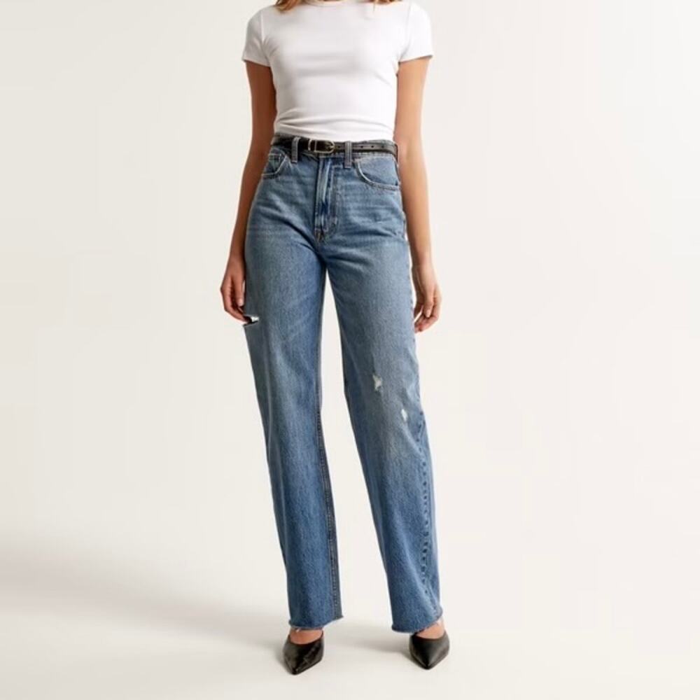 ABERCROMBIE The Loose High Rise Curve Love Jeans Slashed 25 Short - Picture 1 of 13